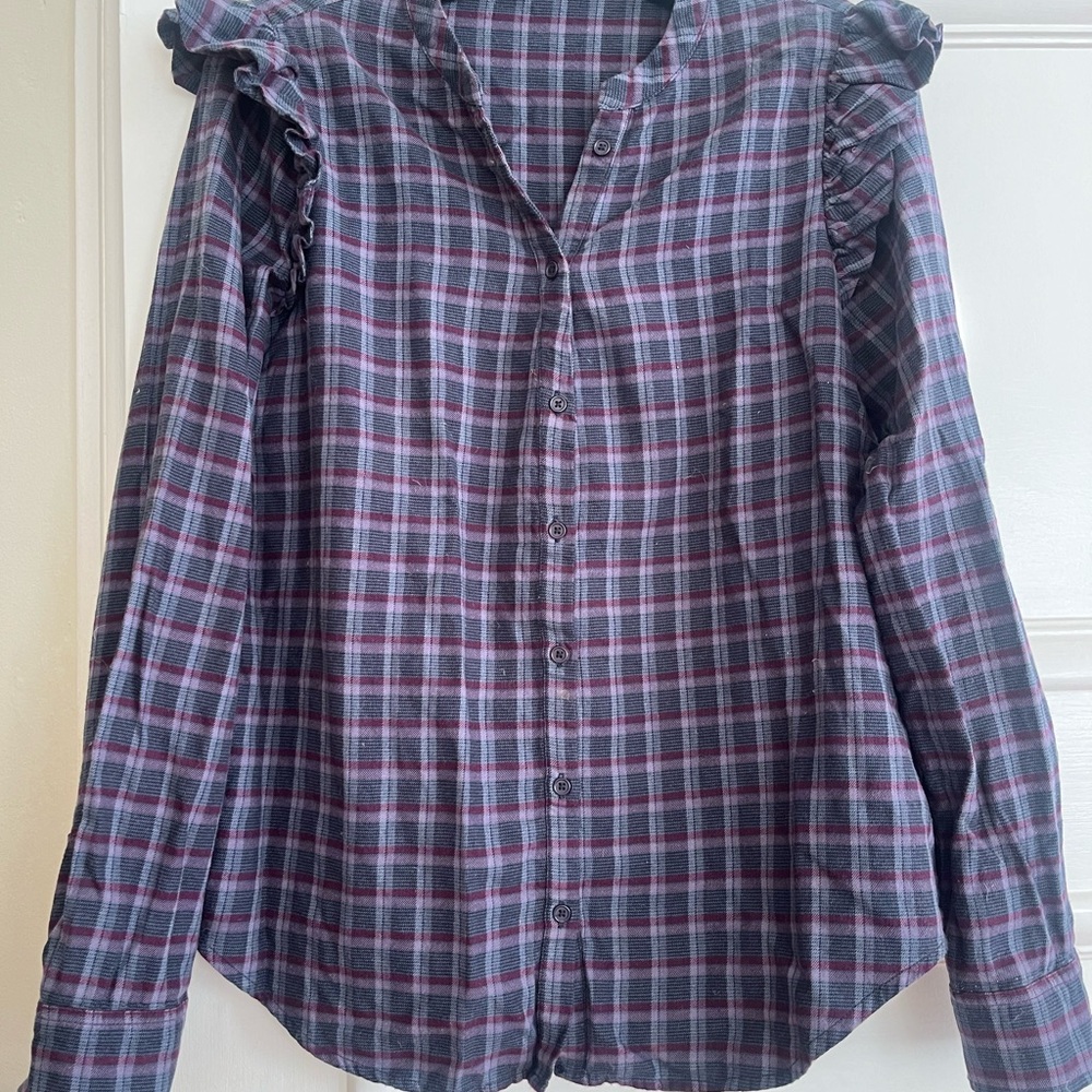 Paige Jenelle Top size S: Plaid Button-Up Shirt with Ruffle Details